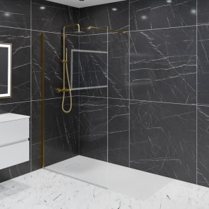 Paroi de douche fixe dorée 120 cm x 200 cm GOLDY - Verre 8 mm - Profilé alu et barre horizontale couleur or