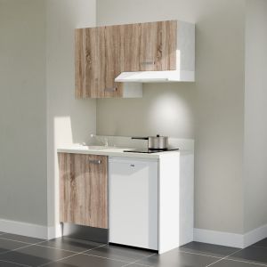 Kitchenette K01L - 120 cm - Cuisine équipée bois, planiquartz snova évier à gauche avec électroménager blanc inclus