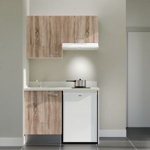 Kitchenette K01L - 120 cm - Cuisine équipée bois, planiquartz snova évier à gauche avec électroménager blanc inclus