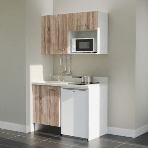 Kitchenette 120 cm K07L équipée avec électroménager blanc inclus - façades bois, plan travail blanc évier à gauche