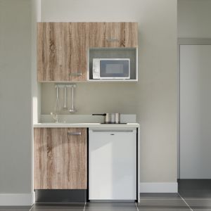 Kitchenette 120 cm K07L équipée avec électroménager blanc inclus - façades bois, plan travail blanc évier à gauche