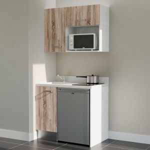 Kitchenette 100 cm K00L équipée avec électroménager inox inclus - façades bois, plan travail blanc évier à gauche