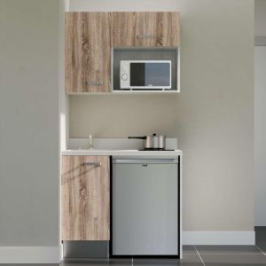 Kitchenette 100 cm K00L équipée avec électroménager inox inclus - façades bois, plan travail blanc évier à gauche