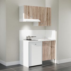 Kitchenette 120 cm K01L : façades bois, plan de travail et crédences blanc, électroménager blanc inclus