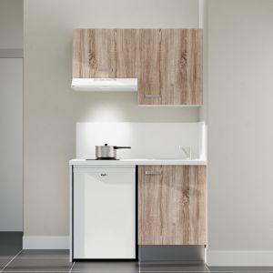 Kitchenette 120 cm K01L : façades bois, plan de travail et crédences blanc, électroménager blanc inclus