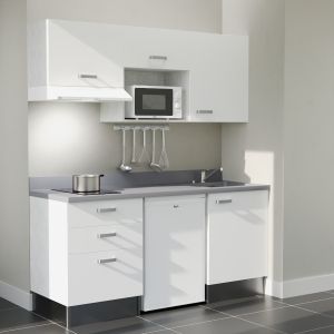 Kitchenette 180 cm K20L équipée avec électroménager blanc inclus - façades blanches, plan travail gris évier à droite