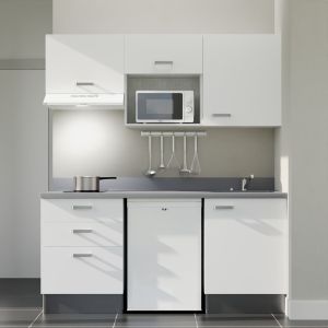 Kitchenette 180 cm K20L équipée avec électroménager blanc inclus - façades blanches, plan travail gris évier à droite