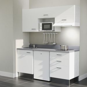 Kitchenette 180 cm K20L équipée avec électroménager blanc inclus - façades blanches, plan travail gris évier à gauche