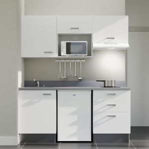 Kitchenette 180 cm K20L équipée avec électroménager blanc inclus - façades blanches, plan travail gris évier à gauche