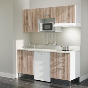 Kitchenette 180 cm K20L équipée avec électroménager blanc inclus - façades bois, plan travail blanc évier à gauche