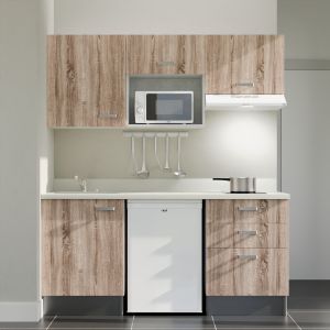 Kitchenette 180 cm K20L équipée avec électroménager blanc inclus - façades bois, plan travail blanc évier à gauche