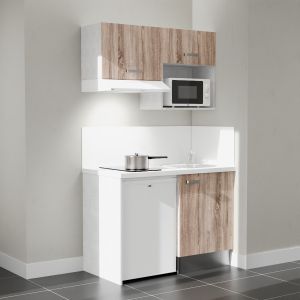 Kitchenette 120 cm K02L bois, plan travail et crédences stratifiés blanc, frigo top, micro-ondes et hotte blanc