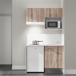 Kitchenette 120 cm K02L bois, plan travail et crédences stratifiés blanc, frigo top, micro-ondes et hotte blanc