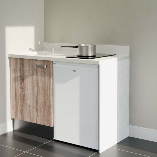 Kitchenette 120 cm K08L équipée avec électroménager blanc inclus - façades bois, plan travail blanc évier à gauche