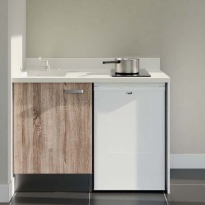 Kitchenette 120 cm K08L équipée avec électroménager blanc inclus - façades bois, plan travail blanc évier à gauche