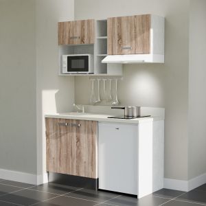 Kitchenette 140 cm K13L équipée avec électroménager blanc inclus - façades bois, plan travail blanc évier à gauche