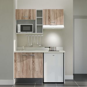 Kitchenette 140 cm K13L équipée avec électroménager blanc inclus - façades bois, plan travail blanc évier à gauche