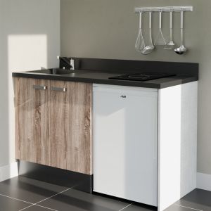 Kitchenette 140 cm K17L équipée avec électroménager blanc inclus - façades bois, plan travail noir évier à gauche