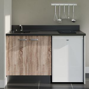 Kitchenette 140 cm K17L équipée avec électroménager blanc inclus - façades bois, plan travail noir évier à gauche