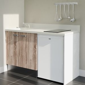 Kitchenette 140 cm K17L équipée avec électroménager blanc inclus - façades bois, plan travail blanc évier à gauche