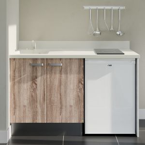 Kitchenette 140 cm K17L équipée avec électroménager blanc inclus - façades bois, plan travail blanc évier à gauche