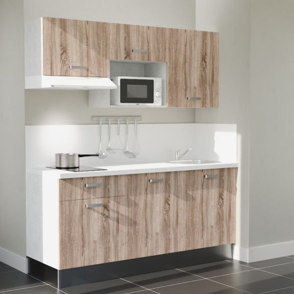 Kitchenette 180 cm bois K30L-PT, plan et crédence stratifiés blanc, hotte et micro-ondes blanc