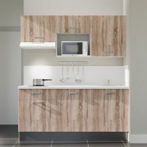 Kitchenette 180 cm bois K30L-PT, plan et crédence stratifiés blanc, hotte et micro-ondes blanc