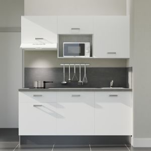 Kitchenette 180 cm blanche K30L-PT, plan et crédence stratifiés gris, hotte et micro-ondes blanc