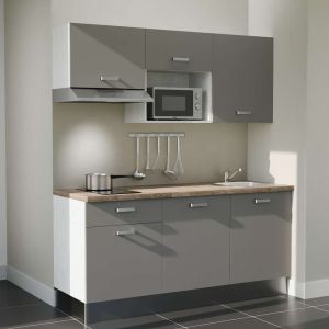 Kitchenette 180 cm grise K30L-PT, plan de travail stratifié chêne hotte et micro-ondes gris