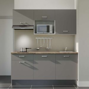 Kitchenette 180 cm grise K30L-PT, plan de travail stratifié chêne hotte et micro-ondes gris