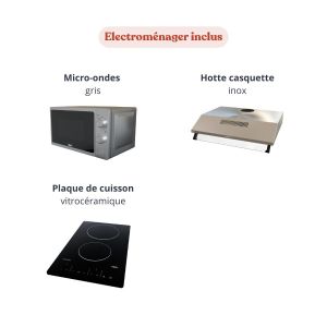 Kitchenette électroménager inclus : plaque vitrocéramique, micro-ondes gris, hotte inox