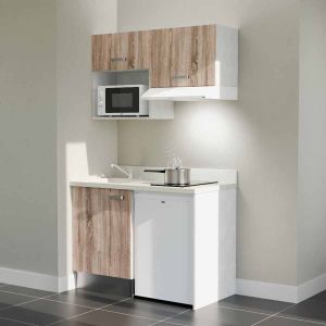 Kitchenette 120 cm K02L équipée avec électroménager blanc inclus - façades bois, plan travail blanc évier à gauche