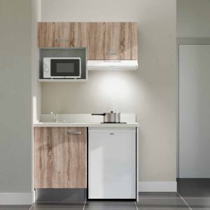 Kitchenette 120 cm K02L équipée avec électroménager blanc inclus - façades bois, plan travail blanc évier à gauche