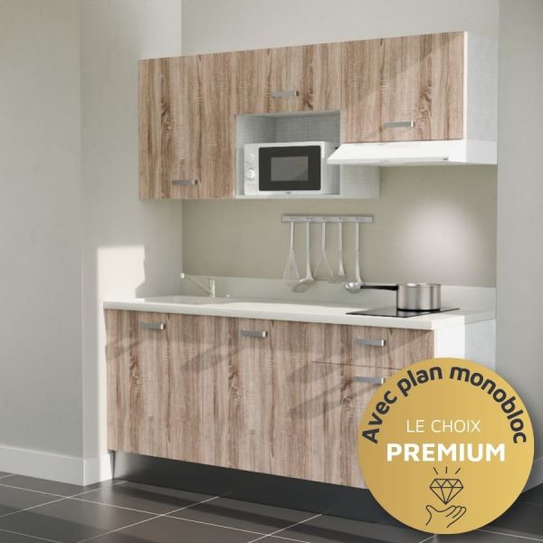 Kitchenette K30L équipée avec électroménager blanc inclus - façades bois, plan travail blanc évier à gauche