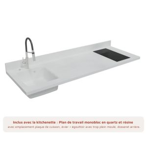 Kitchenette K30L - 180 cm - détail plan de travail avec évier intégré en quartz et résine Snova gauche