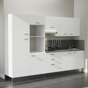 Kitchenette 300 cm K46L-PT façades blanches, plan et crédence stratifiés gris, hotte blanche