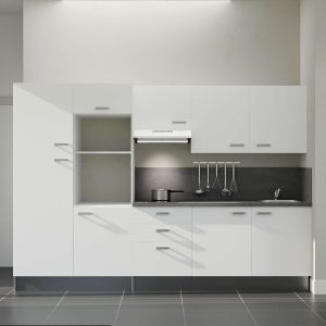 Kitchenette 300 cm K46L-PT façades blanches, plan et crédence stratifiés gris, hotte blanche