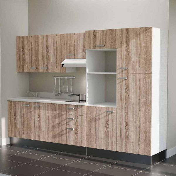 Kitchenette K46L - façades bois, plan monobloc blanc évier intégré à gauche, hotte blanche