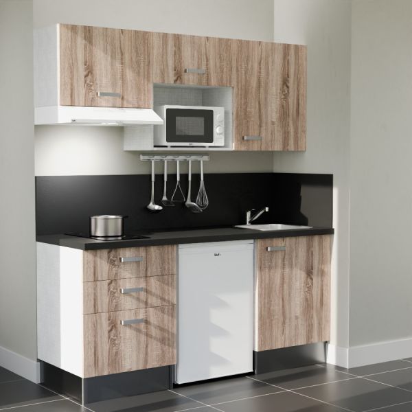 Kitchenette 180 cm bois K20L-PT, crédence et plan de travail stratifié noir, frigo, hotte et micro-ondes blanc