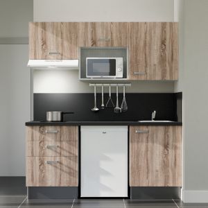 Kitchenette 180 cm bois K20L-PT, crédence et plan de travail stratifié noir, frigo, hotte et micro-ondes blanc