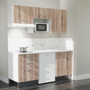 Kitchenette 180 cm bois K20L-PT, crédence et plan de travail stratifié blanc, frigo, hotte et micro-ondes blanc