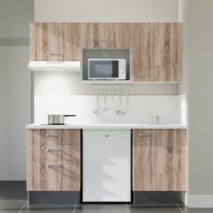 Kitchenette 180 cm bois K20L-PT, crédence et plan de travail stratifié blanc, frigo, hotte et micro-ondes blanc