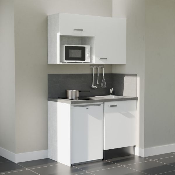 Kitchenette 120 cm blanche K07L-PT, crédence et plan de travail stratifié gris, frigo et micro-ondes blanc