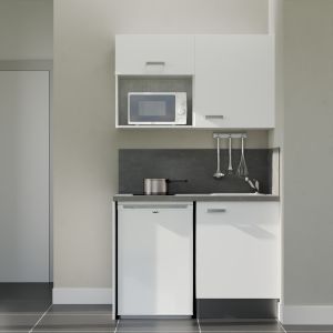 Kitchenette 120 cm blanche K07L-PT, crédence et plan de travail stratifié gris, frigo et micro-ondes blanc