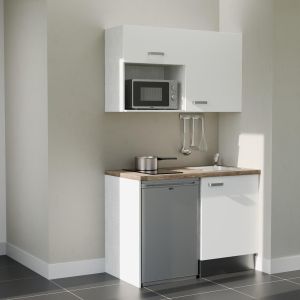 Kitchenette 120 cm blanche K07L-PT, plan de travail stratifié bois, frigo et micro-ondes inox