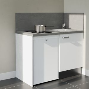 Kitchenette 120 cm blanche K08L-PT, crédence et plan de travail stratifié gris, plaque de cuisson et frigo blanc