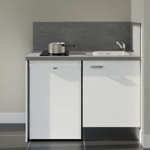 Kitchenette 120 cm blanche K08L-PT, crédence et plan de travail stratifié gris, plaque de cuisson et frigo blanc