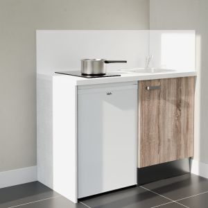 Kitchenette 120 cm bois K08L-PT, crédence et plan de travail stratifié blanc, plaque de cuisson et frigo blanc