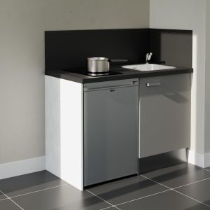 Kitchenette 120 cm grise K08L-PT, crédence et plan de travail stratifié noir, plaque de cuisson et frigo inox