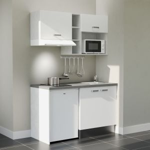 Kitchenette 140 cm blanche K13L-PT, plan de travail stratifié gris, plaque de cuisson, frigo et micro-ondes blanc